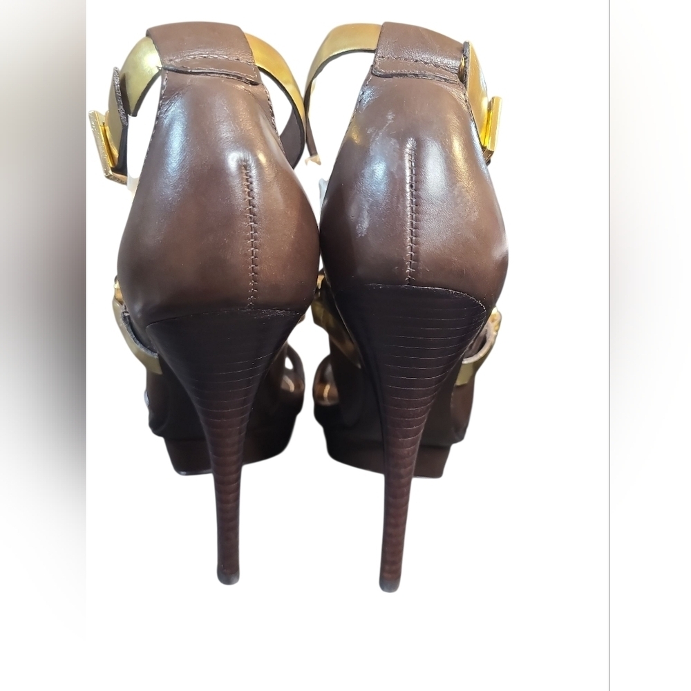 Tory Burch Gold and Brown Strappy Heels - Picture 2 of 5